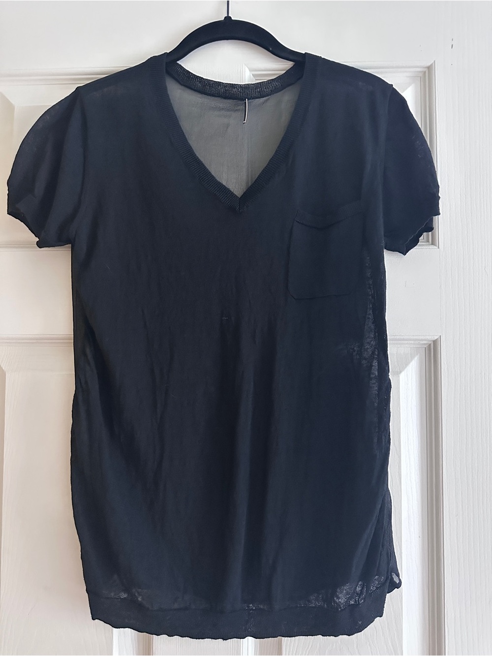 basic black see through T-shirt front pocket linen sheer like short sleeve